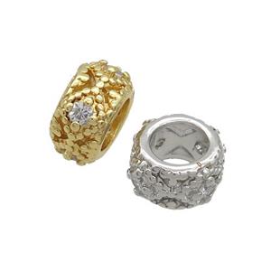 Copper Rondelle Beads Pave Zircon Large Hole Mixed, approx 8mm, 5mm hole [FN36965]