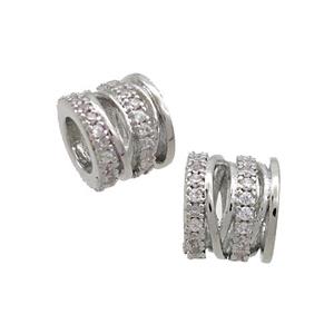 Copper Tube Beads Pave Zircon Large Hole Platinum Plated, approx 8mm, 4mm hole [FN36966]