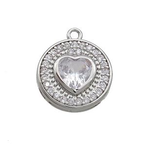 Copper Circle Pendant Pave Zircon Heart Platinum Plated, approx 14mm [FN37019]