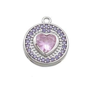 Copper Circle Pendant Pave Zircon Pink Heart Platinum Plated, approx 14mm [FN37020]