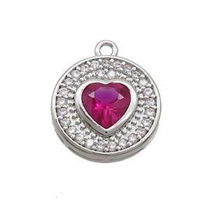 Copper Circle Pendant Pave Zircon Red Heart Platinum Plated, approx 14mm [FN37021]