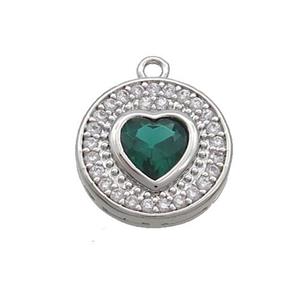Copper Circle Pendant Pave Zircon Green Heart Platinum Plated, approx 14mm [FN37023]