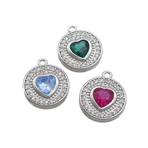 Copper Circle Pendant Pave Zircon Heart Platinum Plated Mixed, approx 14mm [FN37024]