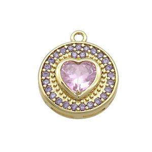 Copper Circle Pendant Pave Zircon Pink Heart Gold Plated, approx 14mm [FN37026]