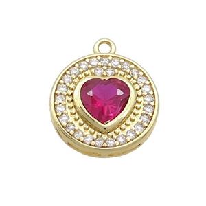 Copper Circle Pendant Pave Zircon Red Heart Gold Plated, approx 14mm [FN37027]