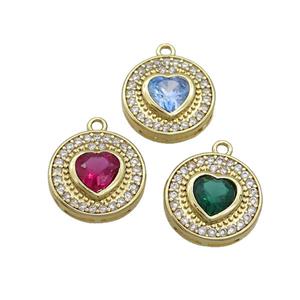 Copper Circle Pendant Pave Zircon Heart Gold Plated Mixed, approx 14mm [FN37030]