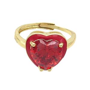 Copper Rings Pave Red Crystal Glass Enamel Heart Adjustable Gold Plated, approx 10mm, 18mm dia [FN37054]