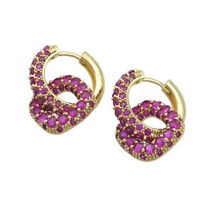 Copper Hoop Earrings Pave Fuchsia Zircon Gold Plated, approx 14mm, 18mm dia [FN37089]