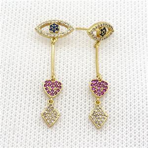 Copper Stud Earrings Pave Zircon Eye Gold Plated, approx 6.5-40mm [FN37098]