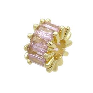 Copper Rondelle Beads Pave Pink Zircon Large Hole Gold Plated, approx 10mm, 4mm hole [FN37151]