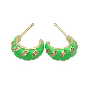 Copper Stud Earrings Pave Zircon Green Enamel Gold Plated, approx 14mm [FN37205]