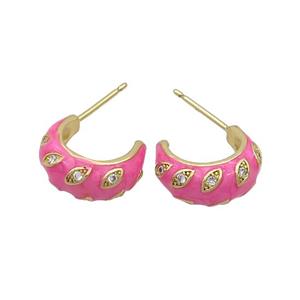 Copper Stud Earrings Pave Zircon Pink Enamel Gold Plated, approx 14mm [FN37206]