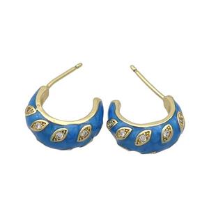 Copper Stud Earrings Pave Zircon Blue Enamel Gold Plated, approx 14mm [FN37207]