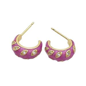 Copper Stud Earrings Pave Zircon Fuchsia Enamel Gold Plated, approx 14mm [FN37208]