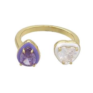 Copper Rings Pave Zircon Teardrop Heart Enamel Gold Plated, approx 8.5mm, 7.5-9mm, 18mm dia [FN37216]