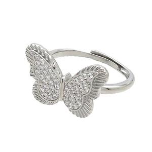 Copper Butterfly Rings Pave Zircon Adjustable Platinum Plated, approx 14-20mm, 18mm dia [FN37227]