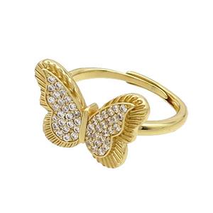 Copper Butterfly Rings Pave Zircon Adjustable Gold Plated, approx 14-20mm, 18mm dia [FN37228]