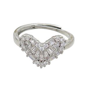 Copper Heart Rings Pave Zircon Adjustable Platinum Plated, approx 11-15mm, 18mm dia [FN37232]