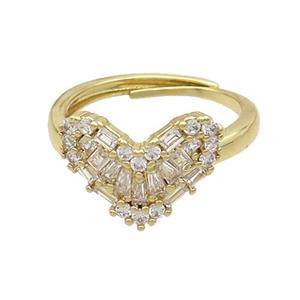 Copper Heart Rings Pave Zircon Adjustable Gold Plated, approx 11-15mm, 18mm dia [FN37233]