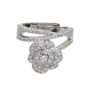 Copper Flower Rings Pave Zircon Adjustable Platinum Plated, approx 12mm, 18mm dia [FN37234]