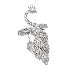 Copper Peacock Rings Pave Zircon Adjustable Platinum Plated, approx 15-38mm, 18mm dia [FN37236]