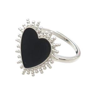 Copper Rings Heart Black Enamel Adjustable Platinum Plated, approx 19mm, 18mm dia [FN37315]