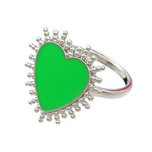 Copper Rings Heart Green Enamel Adjustable Platinum Plated, approx 19mm, 18mm dia [FN37316]