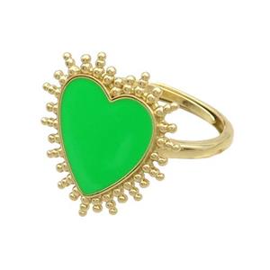 Copper Rings Heart Green Enamel Adjustable Gold Plated, approx 19mm, 18mm dia [FN37322]