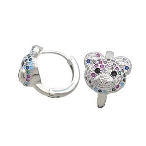Copper Hoop Earring Pave Multicolor Zircon Bear Platinum Plated, approx 10-11.5mm [FN37357]