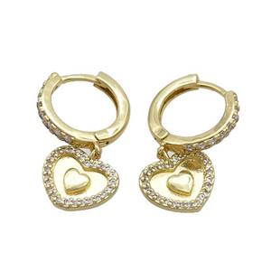 Copper Hoop Earring Pave Zircon Heart Gold Plated, approx 11mm, 14mm dia [FN37367]