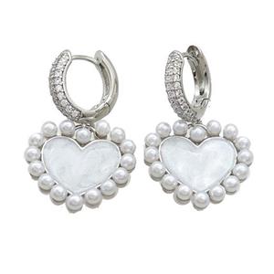 Copper Hoop Earring Pave Zircon Heart Pearlized Resin Platinum Plated, approx 20mm, 15mm dia [FN37369]