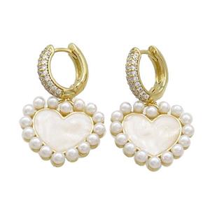 Copper Hoop Earring Pave Zircon Heart Pearlized Resin Gold Plated, approx 20mm, 15mm dia [FN37370]