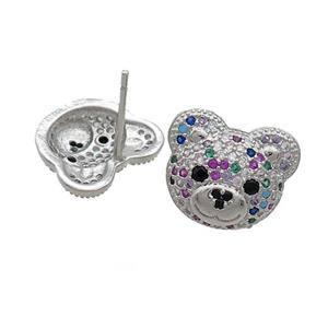 Copper Stud Earrings Pave Multicolor Zircon Bear Platinum Plated, approx 12-14mm [FN37391]