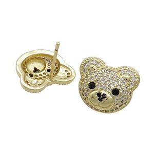 Copper Stud Earrings Pave Zircon Bear Gold Plated, approx 12-14mm [FN37392]