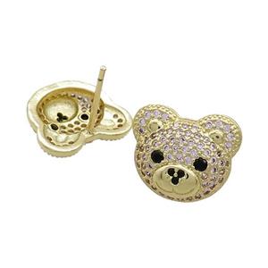Copper Stud Earrings Pave Pink Zircon Bear Gold Plated, approx 12-14mm [FN37393]