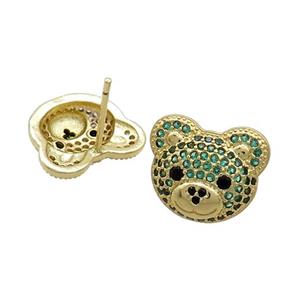 Copper Stud Earrings Pave Green Zircon Bear Gold Plated, approx 12-14mm [FN37394]