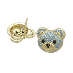 Copper Stud Earrings Pave Turqblue Zircon Bear Gold Plated, approx 12-14mm [FN37395]