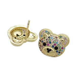 Copper Stud Earrings Pave Multicolor Zircon Bear Gold Plated, approx 12-14mm [FN37396]