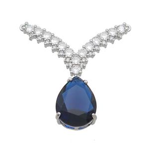 Copper Pendant Pave Blue Crystal Glass Teardrop 2loops Platinum Plated, approx 12-16mm, 20-32mm [FN37402]