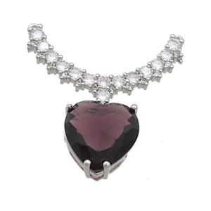 Copper Pendant Pave Purple Crystal Glass Heart 2loops Platinum Plated, approx 15mm, 20-32mm [FN37409]