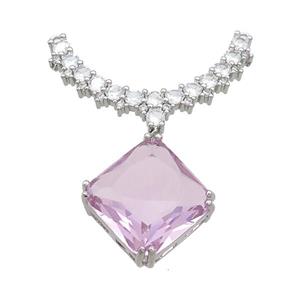 Copper Pendant Pave Pink Crystal Glass Square 2loops Platinum Plated, approx 15mm, 20-32mm [FN37411]