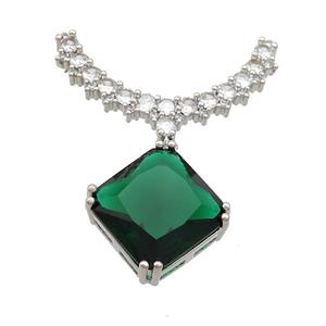 Copper Pendant Pave Green Crystal Glass Square 2loops Platinum Plated, approx 15mm, 20-32mm [FN37415]