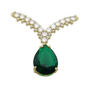 Copper Pendant Pave Green Crystal Glass Teardrop 2loops Gold Plated, approx 12-16mm, 20-32mm [FN37418]