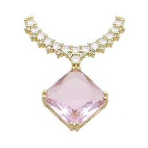 Copper Pendant Pave Pink Crystal Glass Square 2loops Gold Plated, approx 15mm, 20-32mm [FN37426]