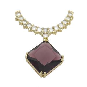 Copper Pendant Pave Purple Crystal Glass Square 2loops Gold Plated, approx 15mm, 20-32mm [FN37429]