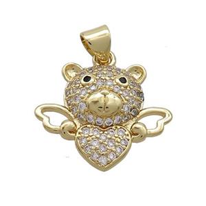 Copper Bear Pendant Pave Zircon Angel Wings Gold Plated, approx 12-17mm [FN37489]