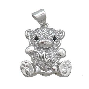 Copper Bear Pendant Pave Zircon Heart Mom Platinum Plated, approx 13-18mm [FN37493]