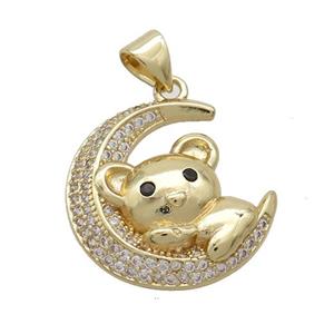 Copper Bear Pendant Pave Zircon Moon Gold Plated, approx 16-20mm [FN37507]