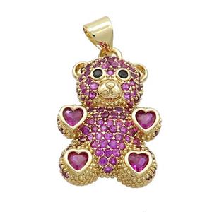 Copper Bear Pendant Pave Fuchsia Zircon Gold Plated, approx 15-23mm [FN37526]