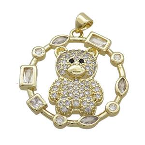 Copper Bear Pendant Pave Zircon Circle Gold Plated, approx 30mm [FN37582]